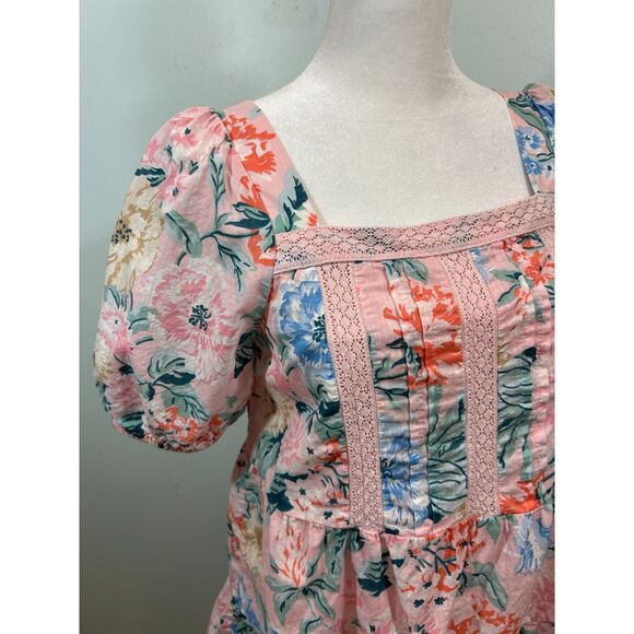 Loft 100% Cotton Pink Floral Peplum Lace Puff Sleeve Top Size XS Cottagecore - Picture 7 of 13